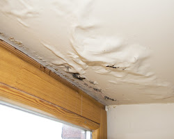 water damaged ceiling next to window